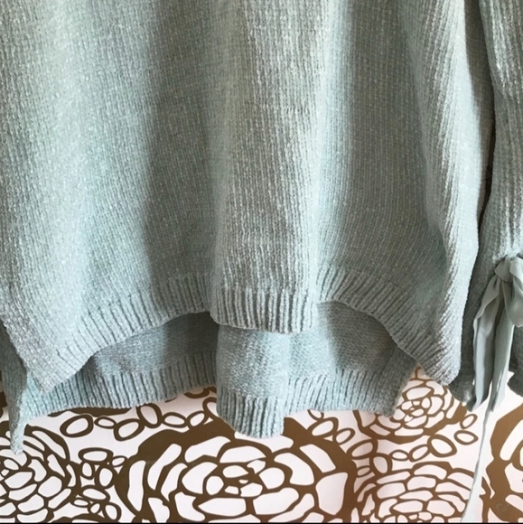 LC Lauren Conrad Mint Green Fuzzy Sweater Bow Sleeve Hi Low Women's Medium M EUC - Picture 9 of 13